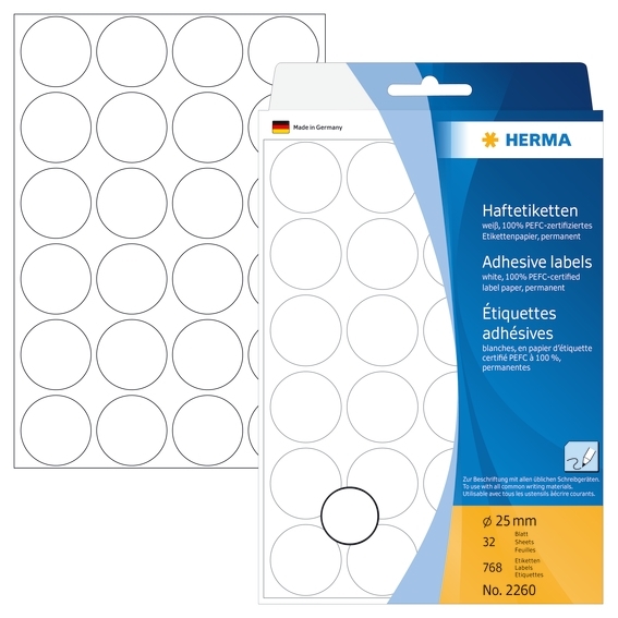 Etichete HERMA manuale ø25 mm albe, 768 bucăți.