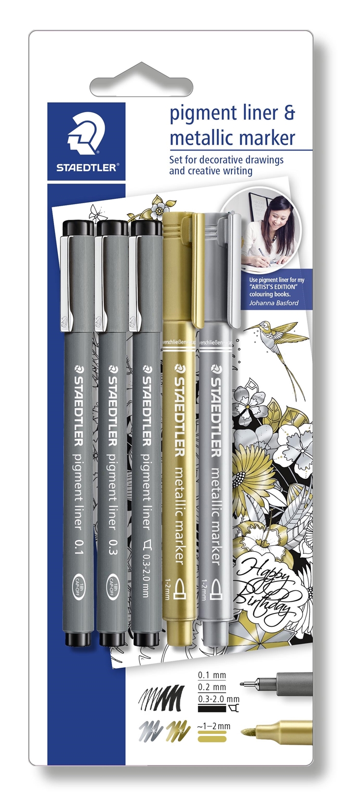 Staedtler Fineliner pigment liner negru + argintiu și auriu (3+2)