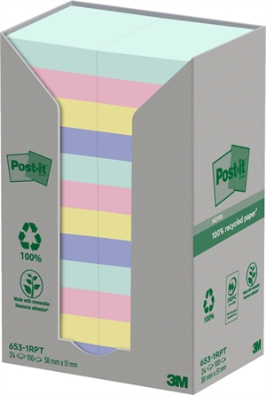 3M Post-it Recycled culori mixte 38 x 51 mm, 100 file - pachet de 24