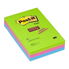 Notițe 3M Post-it super adezive 102 x 152 mm, liniuțe asortate neon - pachet de 3