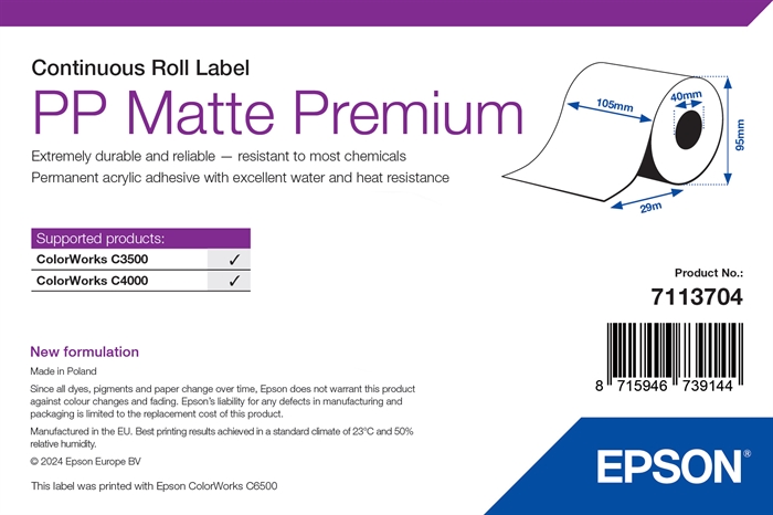 Epson PP Matte Label Premium, Rol Continu, 105mm x 29m