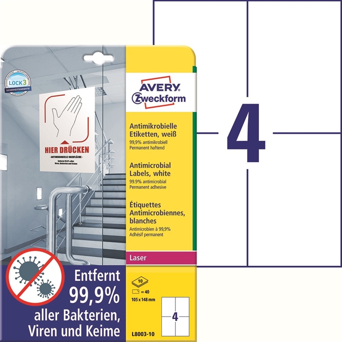 Avery Etichete antimicrobiene 105 x 148 mm albe, 40 buc.