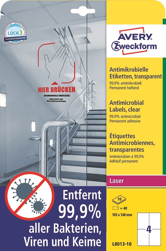 Avery Etichete antimicrobiene 105 x 148 mm transparente, 40 buc.