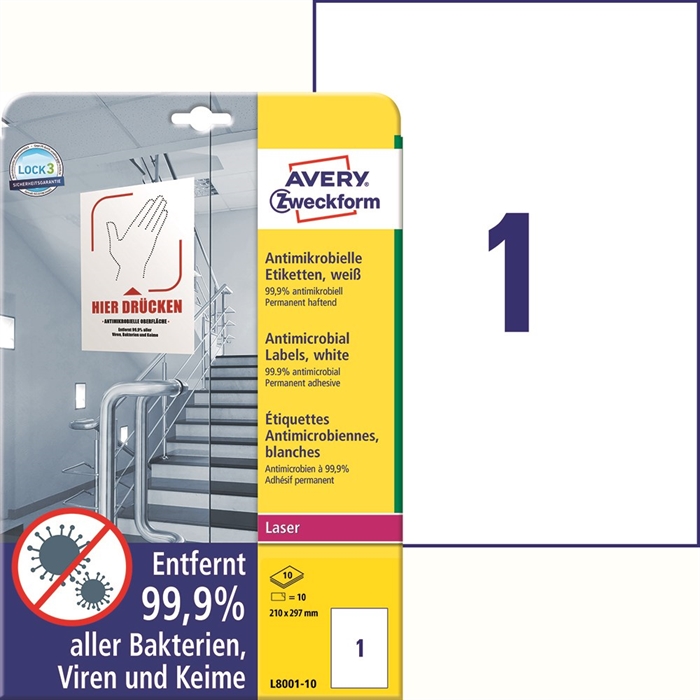 Avery Etichete antimicrobiene 210 x 297 mm albe, 10 buc.