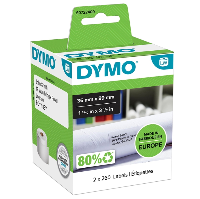 Dymo Etichete de Adresare 36 x 89 permanente alb (2 x 260 buc.