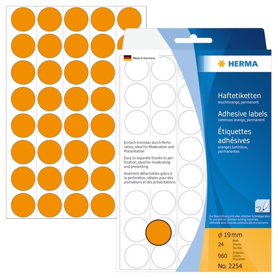 Etichete HERMA manuale ø19 neon portocaliu mm, 960 buc.