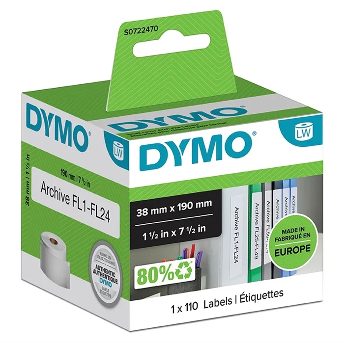 Etichete Dymo p/u dosare 38 x 190 mm alb mm, 110 buc.